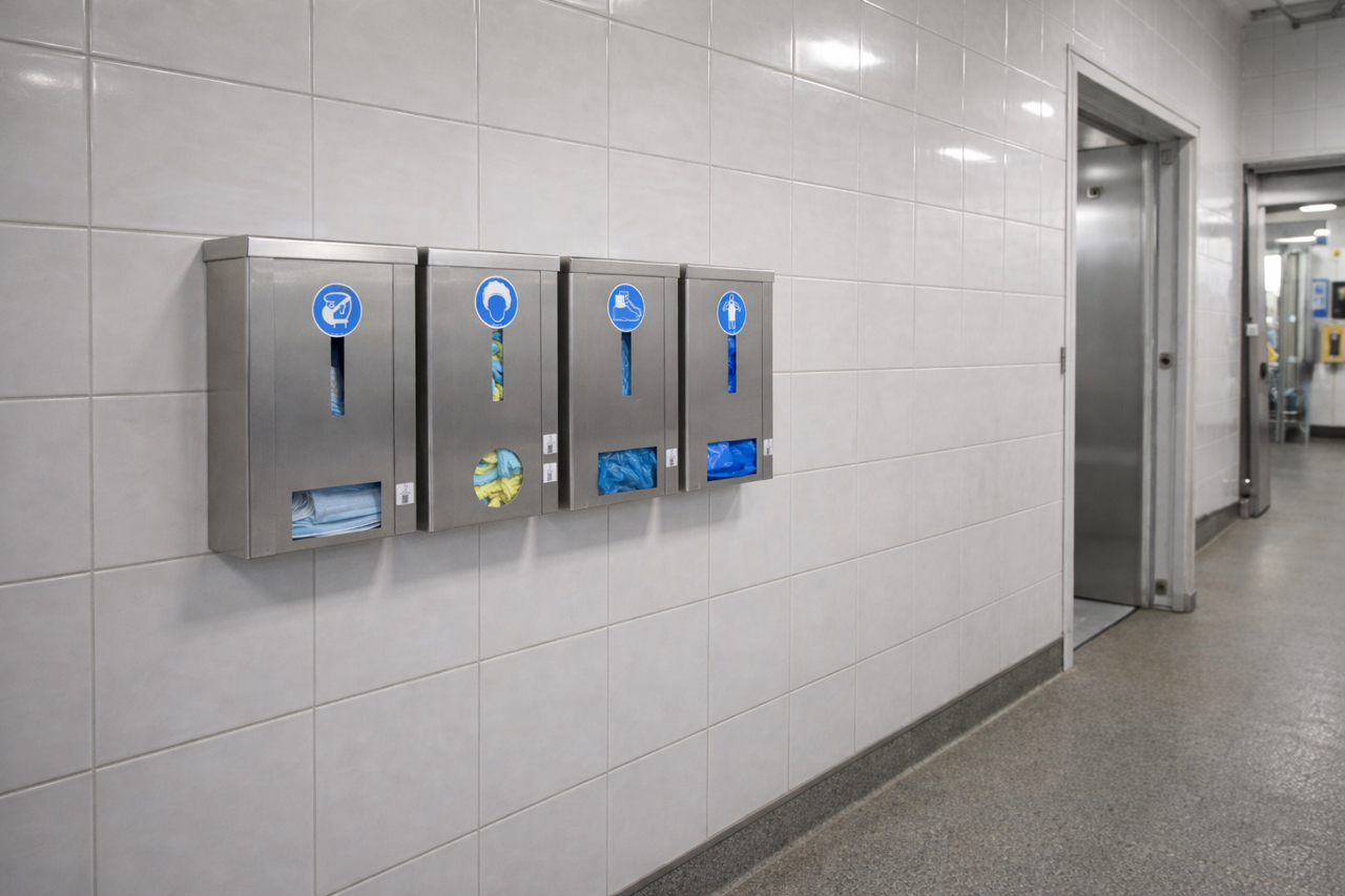 Hygienická vstupní zóna: sada 4 nerezových dávkovačů INOX 392 mm