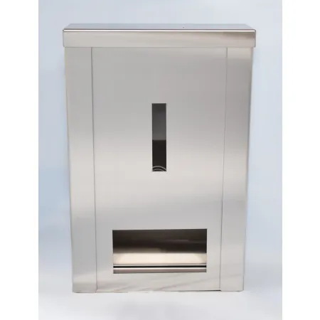 INOX dávkovač 392 mm s výdejním otvorem 002 pro přesné odebírání roušek  Nerezový dávkovač s otvorem 002 – kontrolovaný odběr jednorázových roušek