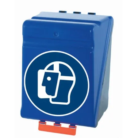 Modrý SecuBox Maxi s červenou sponou – odolný box na přilby, štíty a celoobličejové masky.SecuBox Maxi – profesionální box pro bezpečné pracoviště