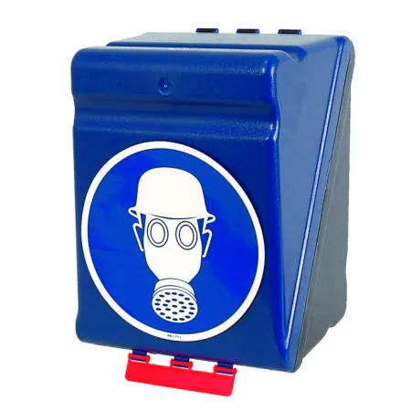 Modrý box SecuBox Maxi – ukázka uložení přilby a chráničů sluchu v praxi. SecuBox Maxi – praktické řešení pro ochranné sady