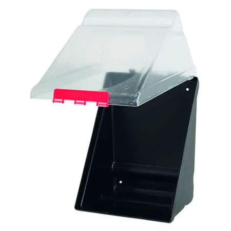 Transparentní SecuBox Maxi – profesionální box s červenou sponou pro hygienické ukládání OOPP. SecuBox Maxi – čistota, přehled a bezpečnost na pracovišti