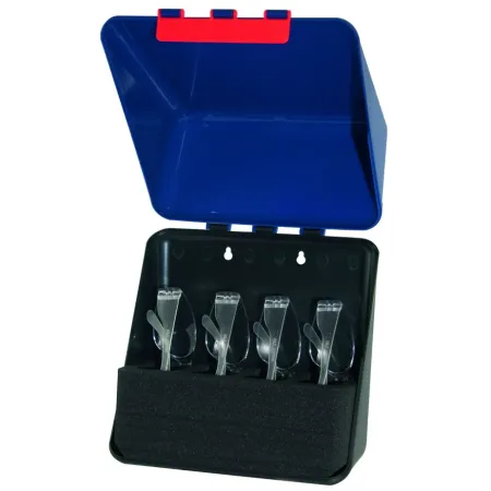 Modrý SecuBox Midi4 – profesionální box na brýle s měkkou pěnovou vložkou a piktogramem „Používej ochranu zraku“.