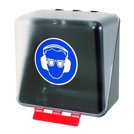 SecuBox Midi – průhledný box pro respirátory, rukavice a brýle s možností BOZP piktogramu.
