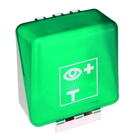 SecuBox Midi First Aid Eye Wash – zelený box z ABS se zrcátkem a bílou sponou, verze bez lahviček. SecuBox Midi First Ai