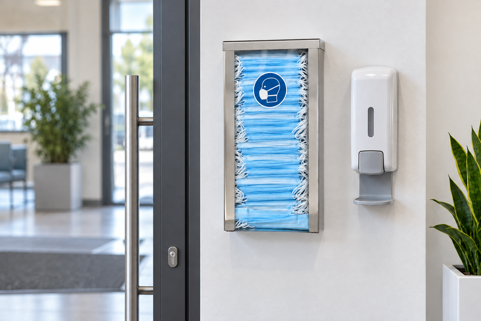 Hygienická stanice u vstupu – roušky a dezinfekce rukou pro návštěvy