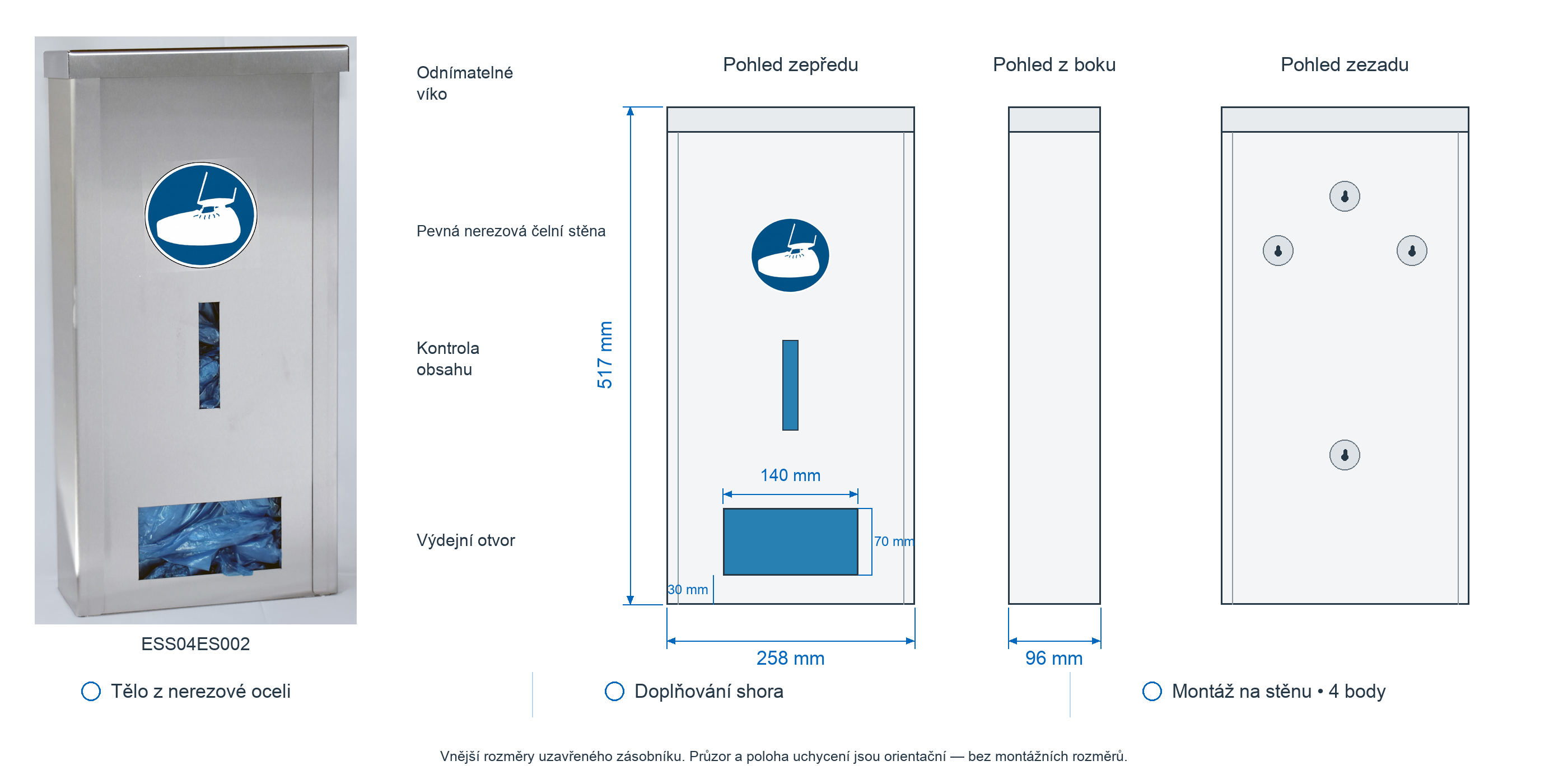 Technický výkres dávkovače na návleky na obuv ESS04ES002 – 258 × 517 × 96 mm, otvor 140 × 70 mm 30 mm nad dnem, kontrolní okénko, 4 montážní body