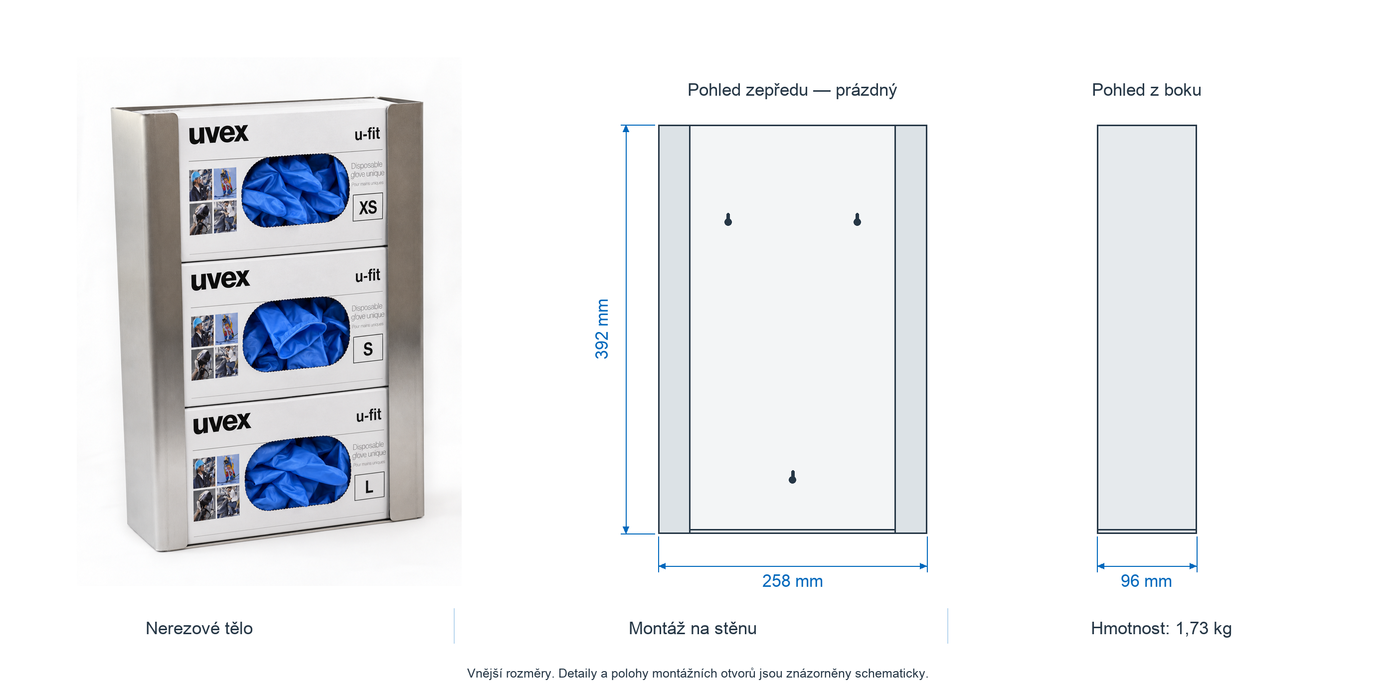 Technický výkres ES03HS001: 258 × 392 × 96 mm, 1,73 kg