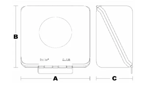 Rozměrový výkres SecuBox Midi – šířka A 236 mm, výška B 225 mm, hloubka C 125 mm