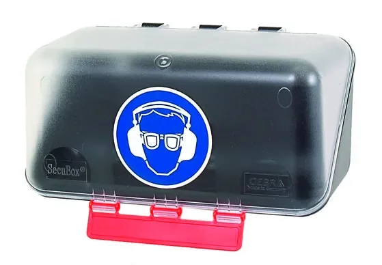 SecuBox Mini transparentní 4109200 – nástěnný zásobník s piktogramem ochrana zraku a sluchu