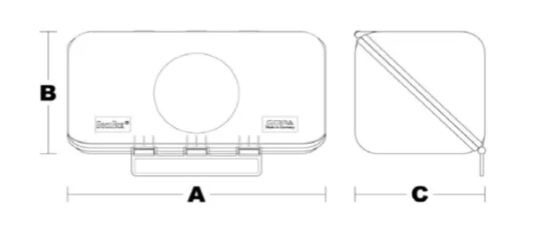 Rozměrový výkres SecuBox Mini – šířka A 236 mm, výška B 120 mm, hloubka C 120 mm