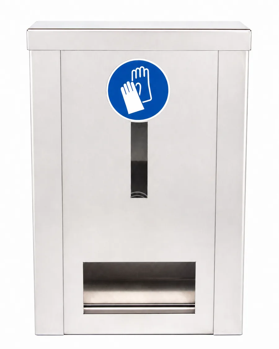 GloveSafe INOX 392 mm – nástěnný zásobník na jednorázové rukavice s jedním výdejním otvorem, nerezová ocel 304
